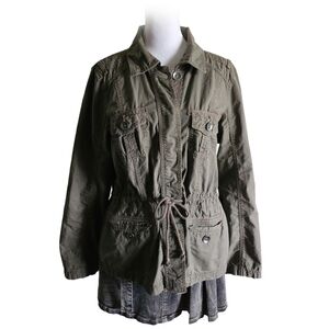 Sonoma 100% Cotton Army Green Military Jacket Utility Coat Button Up Ties
